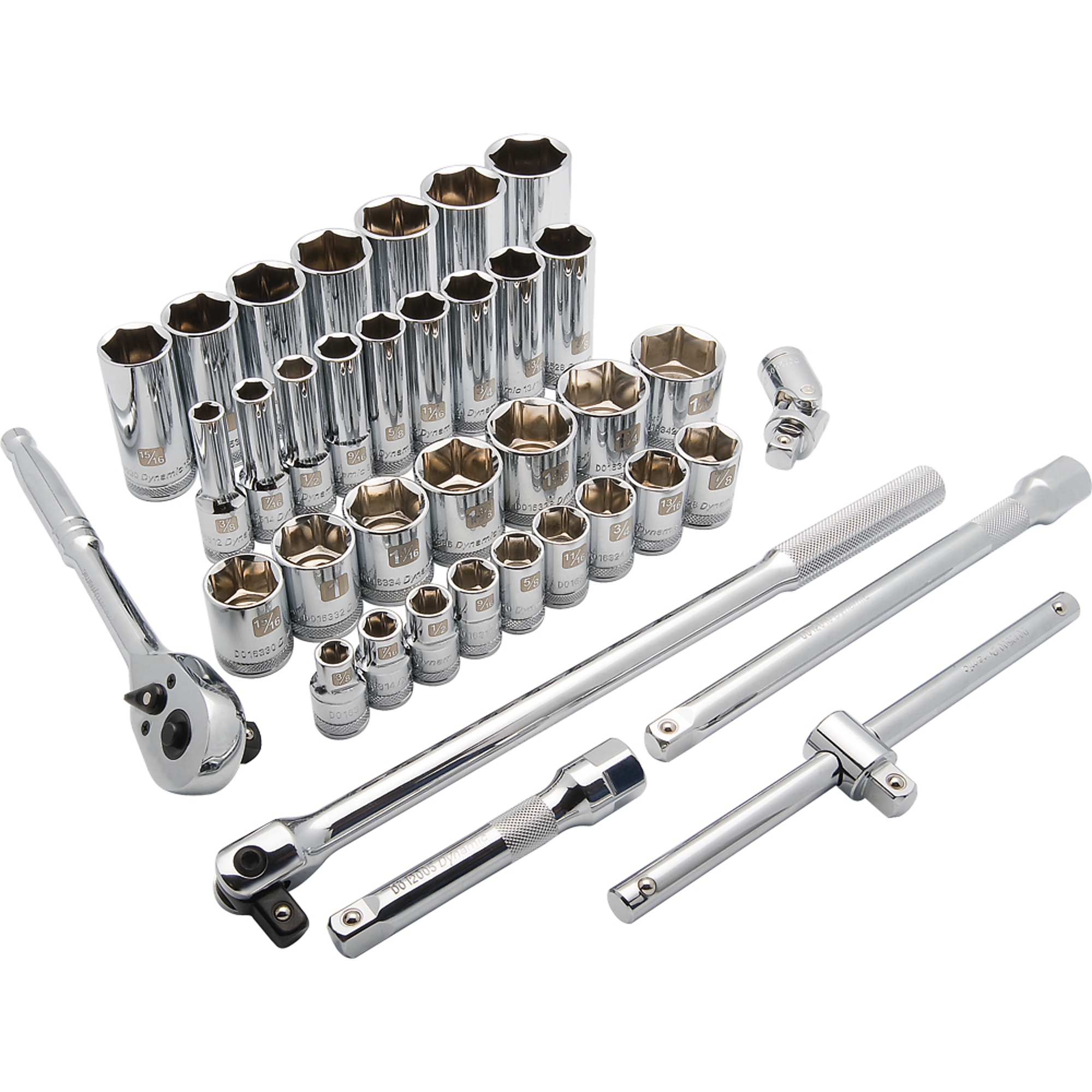 Dynamic Tools, 1/2in. 6 Point Standard/Deep SAE Socket Set, Measurement Standard Standard (SAE), Pieces (qty.) 38 Socket Set Type 1/2in. Drive Sets, Model# D018012